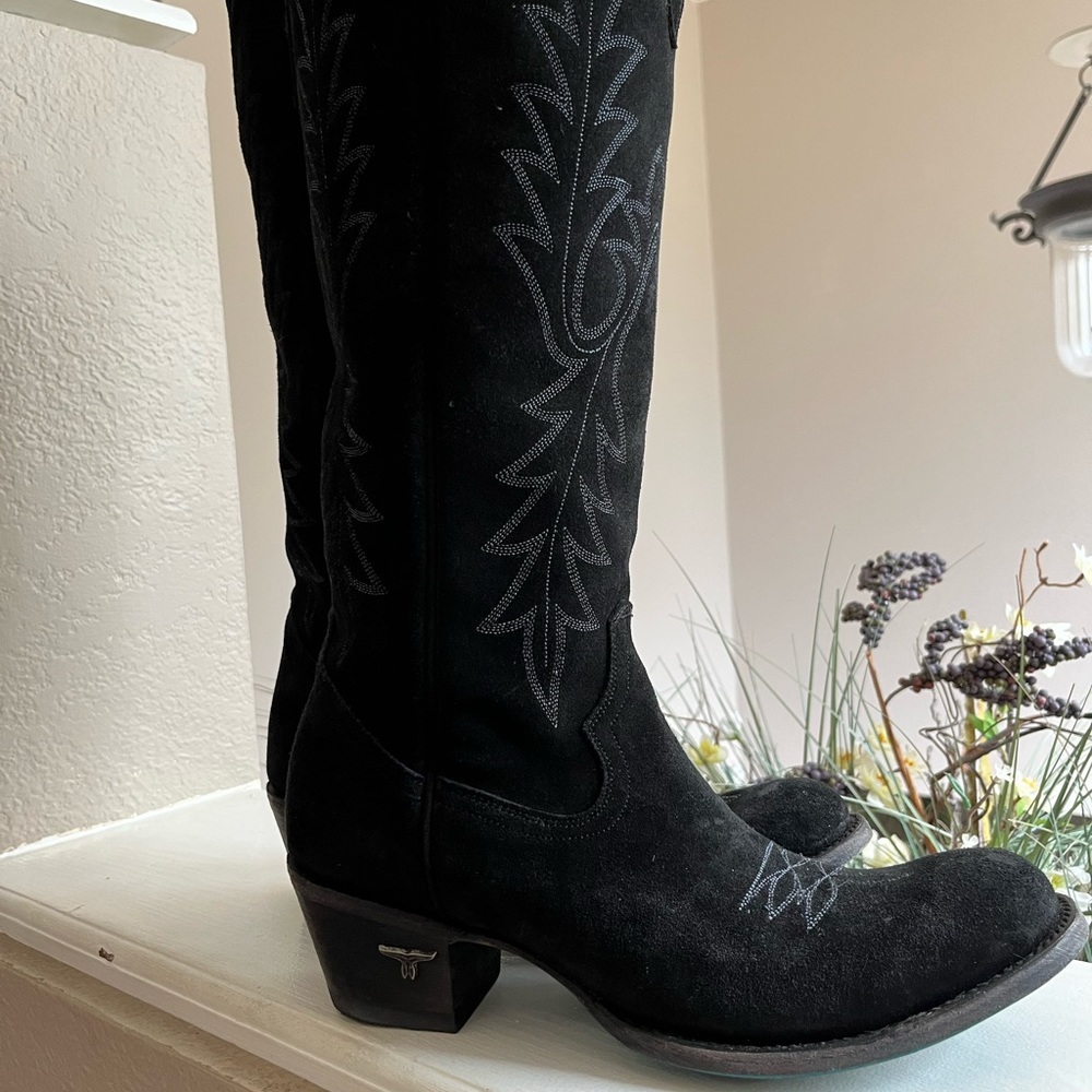 Lane Fire-away black suede tall boots. SOLD